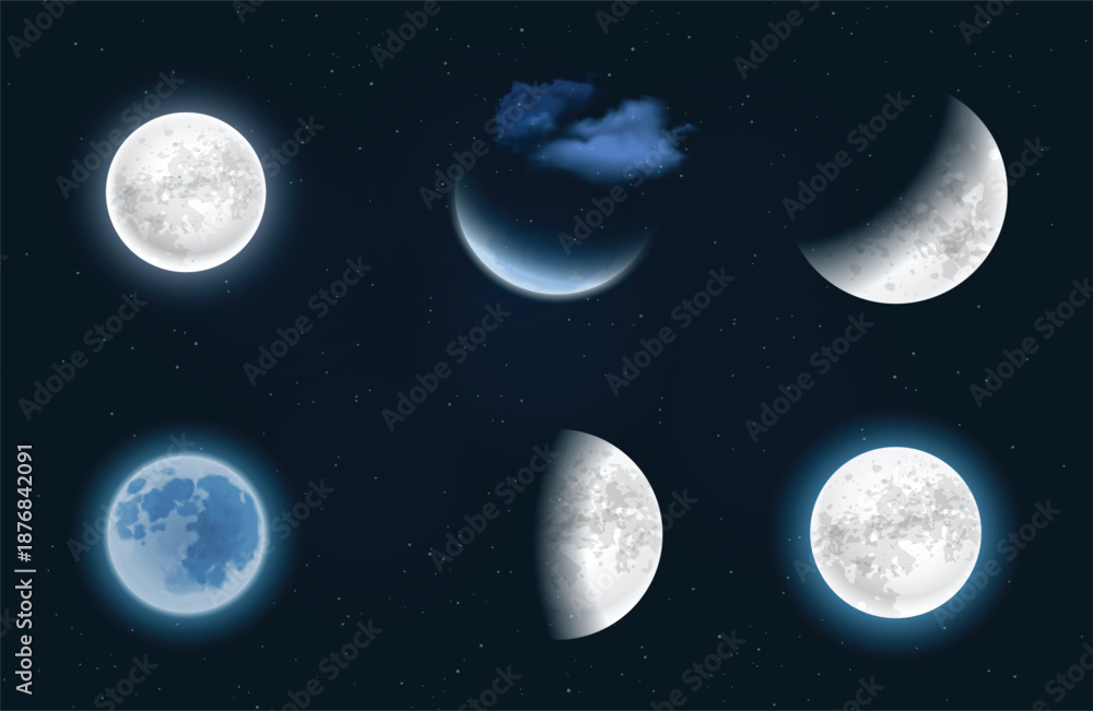 Naklejka premium Illustration of the lunar phases against a starry night sky