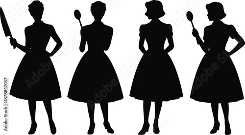 Serving woman silhouette set, black kitchen icons, food presentation poses, spoon and knife figures, hospitality graphic, culinary role illustration