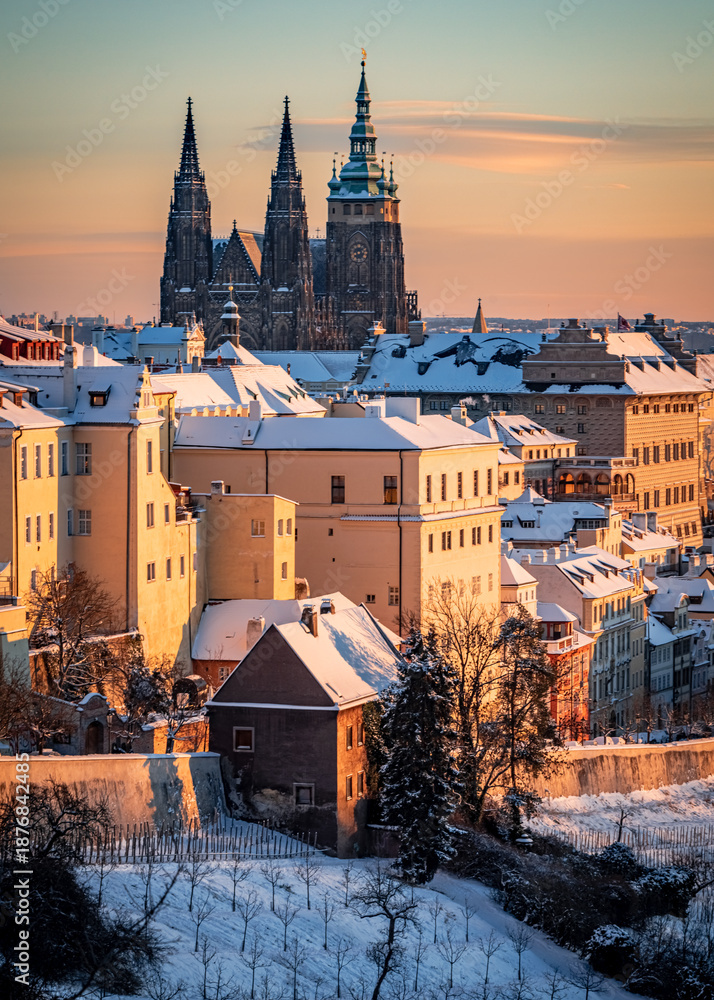 Fototapeta premium city, architecture, church, czech, night, view, sunset, europe, travel, skyline, cityscape, snow, building, prague, landmark, sky, landscape, tower, winter, cathedral, old, castle, charles, tourism