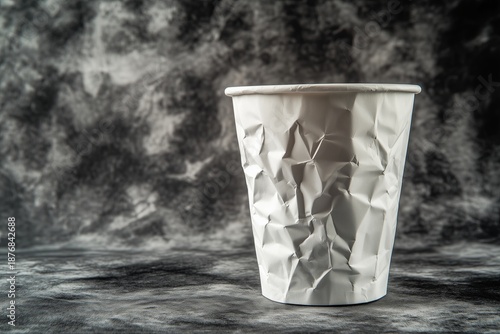 Crumpled paper cup on a charcoal gray background, concept of recycling trash and pollution