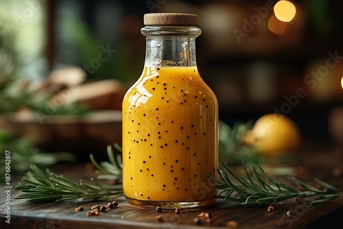 Mustard sauce of uniform consistency of pale yellow color in a beautiful bottle stands on a wooden table