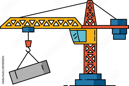Tower crane illustration, construction equipment vector, engineering balance concept, industrial lifting machine, building site graphic, heavy machinery art