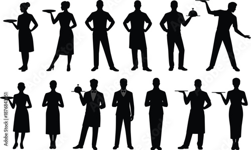 Waitstaff silhouette illustration set, hospitality service icons, black uniform figures, tray carrying poses, restaurant staff graphic, catering design concept