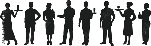 Waitstaff silhouette illustration set, tray service poses, black hospitality icons, formal serving figures, restaurant staff graphic, catering design