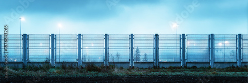 Metal mesh fence with concrete pillars surrounds an industrial site. The fence is securely installed along a walkway. Clear skies can be seen above, indicating daytime, banner
