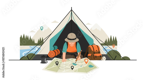 Adventure Planning In Nature With Tent And Tourist Map Expedition Route