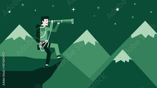 Adventure Seeker Atop Mountains Gaze Into Starry Night Sky With Telescope