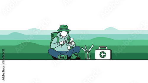 Adventure Preparedness Hiker Taking Care Of Wound In Nature Landscape