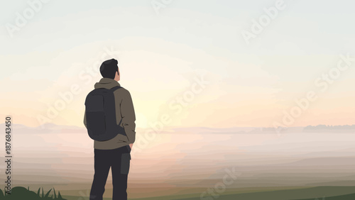 Adventure Seeker Contemplating Vista At Sunrise In Nature Scenery