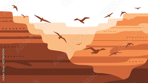 Abstract Landscape Featuring Desert Cliffs And Birds In Earthy Tones