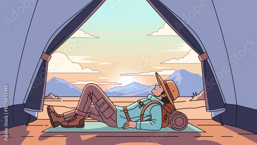 Adventure Seeker Enjoys The Outdoors, Relaxing In A Tent During Camping Holiday