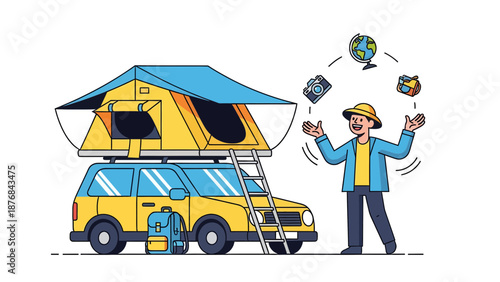 Adventure Seeker Planning Travel With Car Rooftop Tent And Juggling Travel Icons