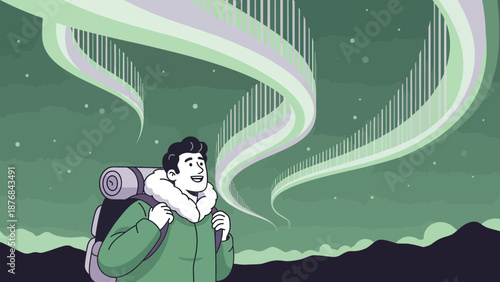 Adventure Seeker Gazing At The Aurora Borealis During Winter Expedition