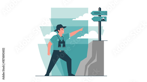 Adventurer Ascending Peak To Discover Unexplored Territory With Directional Sign Post