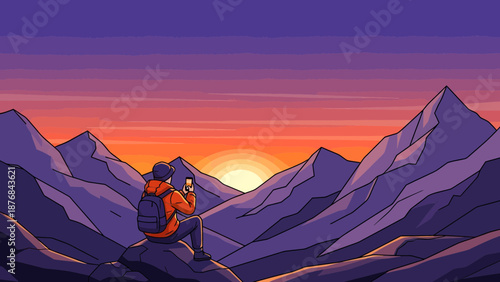 Adventurer Capturing Mountain Sunrise Landscape Serene Peak Scenery on Mobile Phone