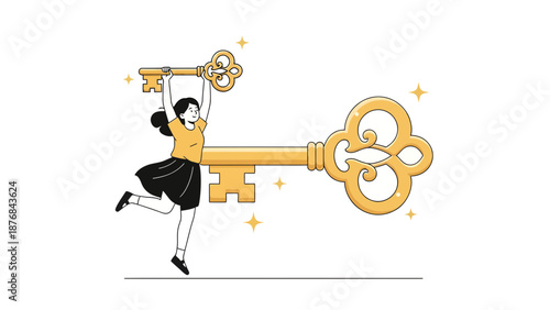 Achieving Success With Woman Holding Up a Golden Key To Unlock Potential