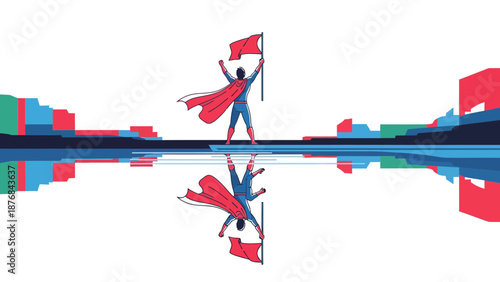 Achieving Victory Reflection Of A Successful Businessman Holding Flag On Urban Horizon