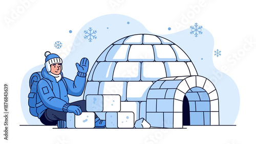 Adventurer Building An Igloo In A Snowy Landscape And Raising His Hand To Greet