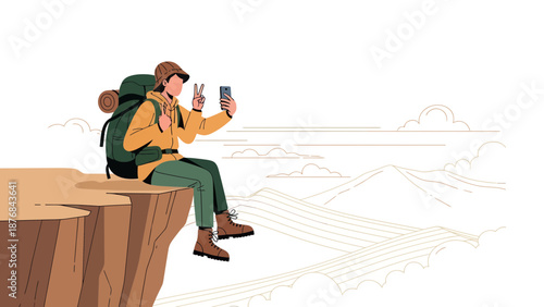 Adventurer Capturing Memories At Mountain Peak Via Smartphone Holiday Travel Concept