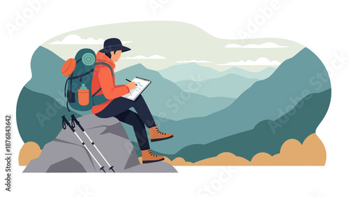 Adventurer Capturing Mountain View on Sketchbook During Hiking Trip Outdoors