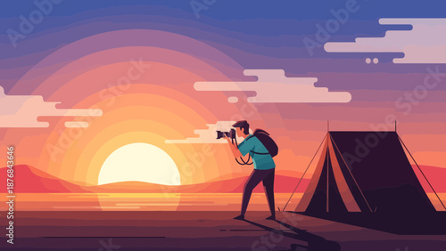 Adventurer Capturing Scenic Sunrise Landscape Photography During Outdoor Camping