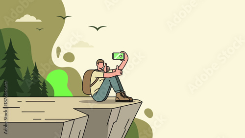 Adventurer Capturing Memories With Phone From Cliff Edge Amidst Natural Landscape