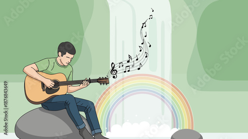 Acoustic Serenade Amidst Nature's Harmony Guitarist Composing a Rainbow Melody