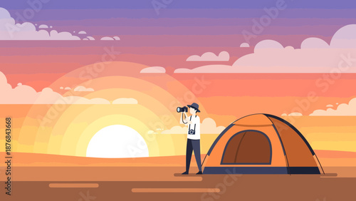 Adventurer Capturing Sunrise Moment At Campsite Scenic Outdoor Exploration