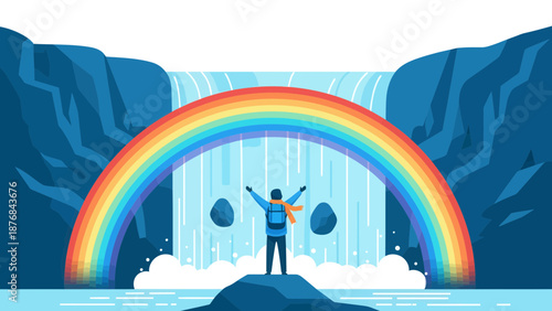 Adventurer Celebrates Under A Waterfall After Reaching Destination With A Rainbow