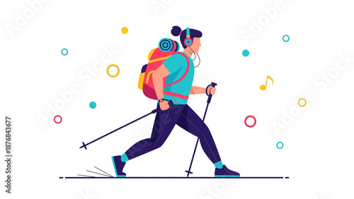 Active Hiker Enjoying Nature Walk With Backpack And Trekking Poles Graphic