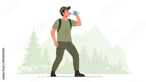 Active Hiker Hydrating In Nature Scene With Forest And Mountain Backdrop