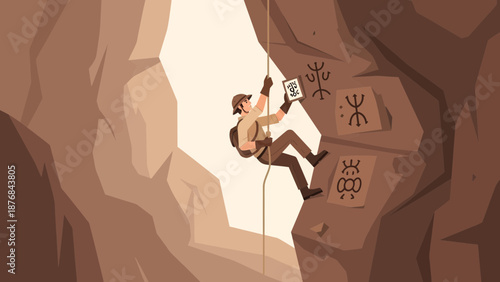 Adventurer Descending Cliff Face Documenting Ancient Cave Paintings In Remote Location