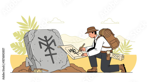 Adventurer Deciphering Ancient Stone Tablet In Remote Location Researching History