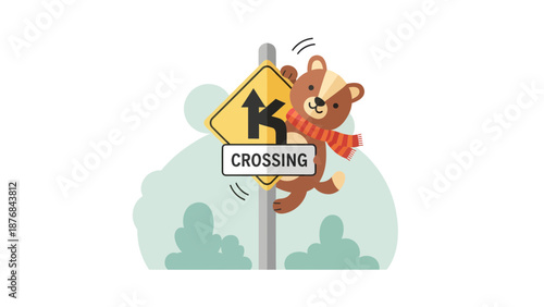 Adorable Bear Cub Climbing on a Road Crossing Sign Illustration For Children