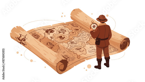 Adventurer Deciphering An Ancient Map Treasure Hunt Illustration Graphic Art