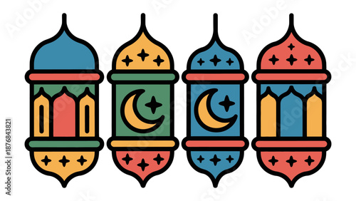Lanterns of Ramadan: A set of ornate Ramadan lanterns, adorned with crescent moons and stars, radiating the spirit of the holy month.