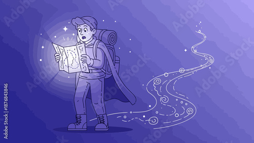 Adventurer Discovering A Hidden Path On A Magical Map For His Journey