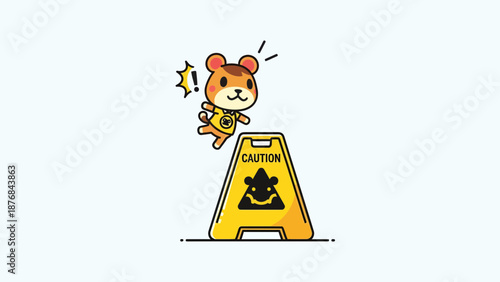 Adorable Character Ignoring A Caution Sign For Slippery Floor Cartoon Illustration