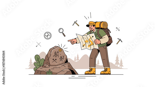 Adventurer Discovering Ancient Petroglyphs During Hiking Exploration In Wilderness Area