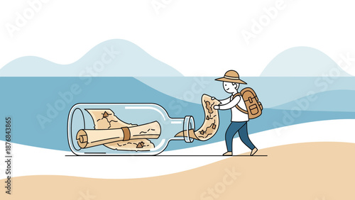 Adventurer Discovering Message In Bottle On Beach Ready For New Journey