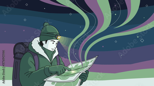 Adventurer Discovering Northern Lights With Map On An Outdoor Expedition Trip