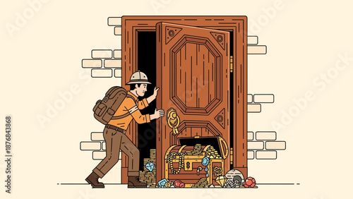 Adventurer Discovering Ancient Treasure Chest Behind Old Wooden Door