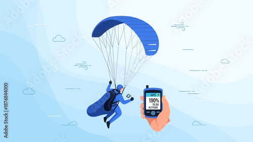 Adrenaline Adventure Man Skydiving Tracking Altitude and Location with GPS Device