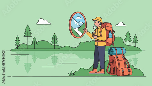 Adventurer Enjoys Mountain View Through Frame During Coffee Break on Forest Landscape