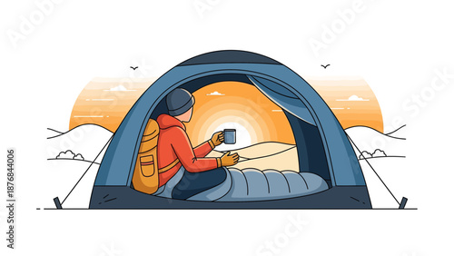 Adventurer Enjoys Morning Coffee Inside Tent During Sunrise On Outdoor Journey