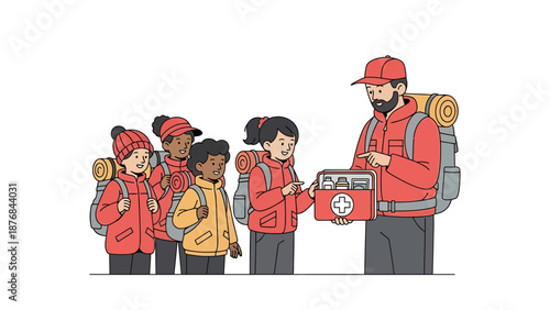 Adult Shows First Aid Kit To Kids Before Hiking Trip Preparation