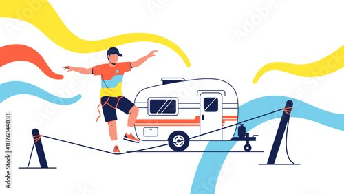 Adrenaline Adventure Man Walking On Tightrope With Camper Van Background