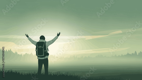 Adventurer Experiencing Serenity In The Mist At Sunrise Exploring Nature Freedom