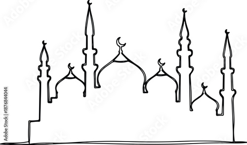 Simple line art sketch of a mosque silhouette