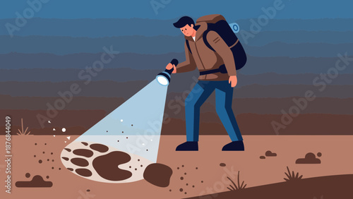 Adventurer Examining Footprints With Flashlight At Night In The Wilderness
